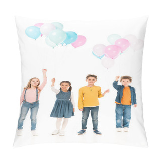Personality  Full Length View Of Four Kids Holding Balloons Isolated On White Pillow Covers