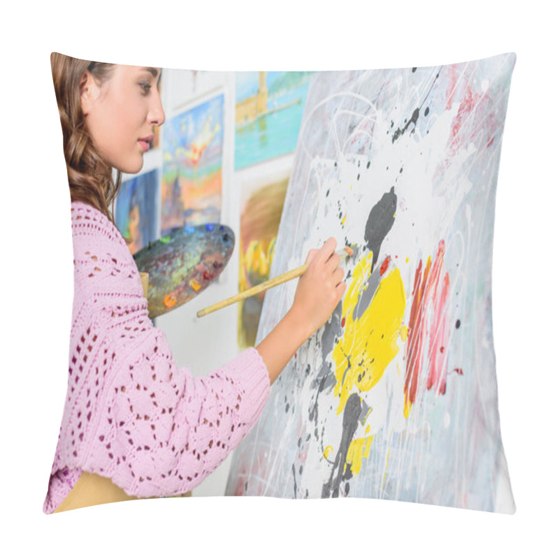 Personality  Side View Of Attractive Female Artist Painting In Workshop Pillow Covers