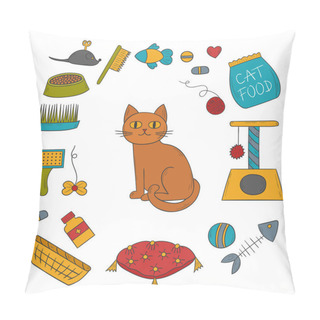 Personality  Vector Cartoon Illustration With Hand Drawn Cat Care Things: Mouse, Food, Pet House, Food Bowl. Set Of Cat Things Icons For Domestic Animals Design Pillow Covers