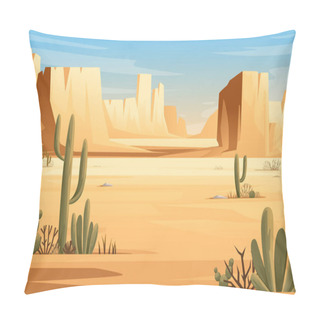 Personality  Desert Landscape Of Stone Desert With Plants And Rocks Sunny Day Blue Sky Flat Vector Illustration Horizontal Design Pillow Covers