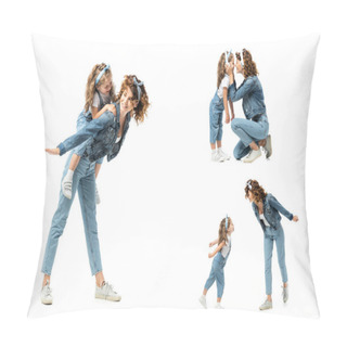 Personality  Collage Of Mother And Daughter In Denim Outfits Spending Time Isolated On White Pillow Covers
