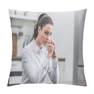 Personality  Upset Woman In White Blouse Sitting At Table In Kitchen And Thinking, Grieving Disorder Concept Pillow Covers