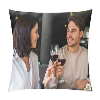 Personality  Happy Man And Cheerful Woman Clinking Glasses With Red Wine Near Sushi  Pillow Covers