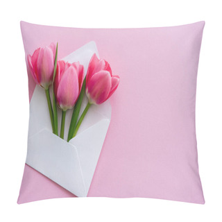 Personality Top View Of Blooming Tulips In White Envelope On Pink, Mothers Day Concept  Pillow Covers