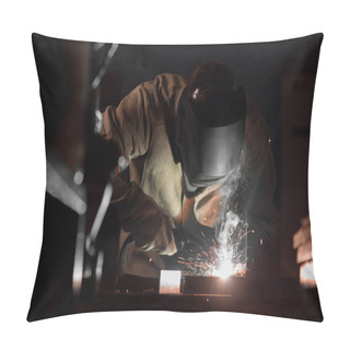 Personality  Front View Of Welder In Protection Mask Working With Metal At Factory  Pillow Covers