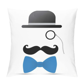 Personality  Black Mustache, Monocle, Hat And Blue Bowtie On White Background Pillow Covers