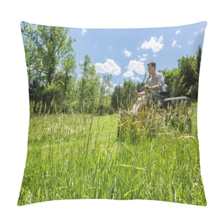 Personality  Senior Man On Zero Turn Lawnmower In Meadow Pillow Covers