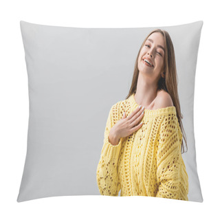 Personality  Beautiful Girl Laughing At Camera While Holding Hand On Chest Isolated On Grey Pillow Covers