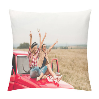 Personality  Beautiful Young Girlfriends Sitting On Car Hood With Raised Hands And Showing Peace Signs Pillow Covers