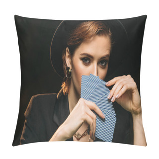 Personality  Attractive Girl In Jacket And Hat Covering Face With Poker Cards Isolated On Black, Looking At Camera Pillow Covers