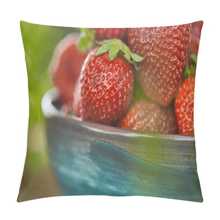 Personality  Selective Focus Of Fresh Red Strawberries In Bowl Pillow Covers