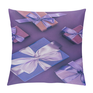 Personality  Top View Of Decorative Gift Boxes With Ribbons And Bows On Purple Pillow Covers