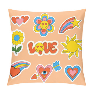 Personality  Nostalgia 70s Stickers, Badges, Isolated Groovy Elements, Emoticons And Slogan Love In Groovy Style With In Smiley Face, Flowers, Sun And Rainbow Heart. Vector Clipart 60s, 70s, 80s Vibes Elements Pillow Covers
