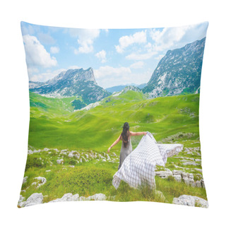 Personality  Back View Of Woman Running On Valley With Blanket In Durmitor Massif, Montenegro Pillow Covers
