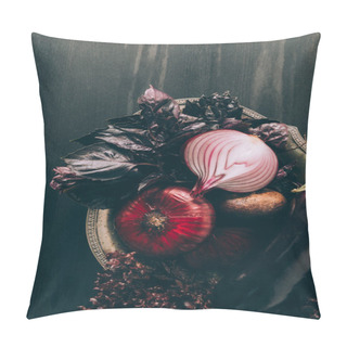 Personality  Top View Of Basil, Onions And Eggplant On Grey Plate Pillow Covers