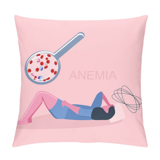 Personality  Woman Is Laying On Her Back And Feeling Tired, Weakness Because Of Iron Deficiency In Serum.Anemia Concept.Decrease Of Erythrocytes Or Low Hemoglobin.Magnifying Glass With Blood Analysis.Pink.Vector Pillow Covers