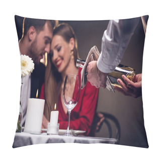 Personality  Waiter Pouring Wine While Beautiful Couple Having Romantic Date In Restaurant On Valentines Day Pillow Covers