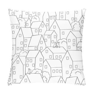 Personality  Seamless Vector Pattern. Bright City Day. Colorful Houses, Trees And Cats. Black And White Illustration Can Be Painted By Yourself. Pillow Covers