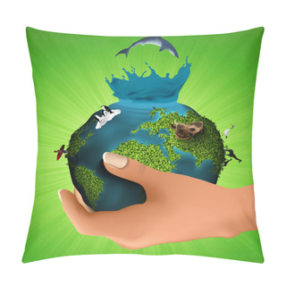 Personality  Green Planet With The Animals In His Hand. Concept Of Ecology Pillow Covers