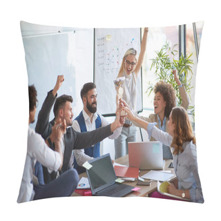 Personality  Happy Coworkers Holding A Throphy, Excited For Their Busines Achievements. Celebrating Company Success. Office Meeting Scenario. Pillow Covers