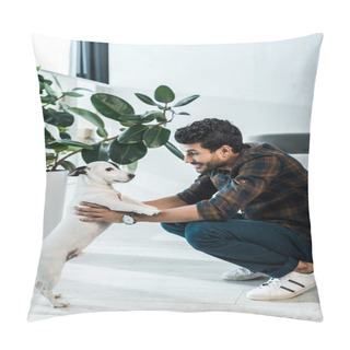 Personality  Side View Of Handsome And Smiling Bi-racial Man Holding Jack Russell Terrier Pillow Covers