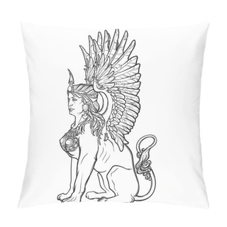Personality  Sketch Drawing Of Sitting Sphinx Isolated On White Background. Pillow Covers