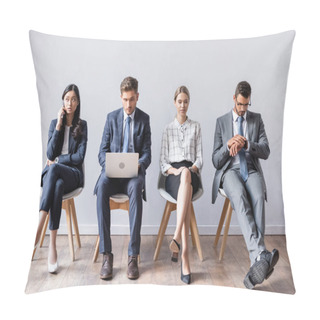 Personality  Multiethnic Business People With Laptop And Smartphone Waiting In Hall  Pillow Covers