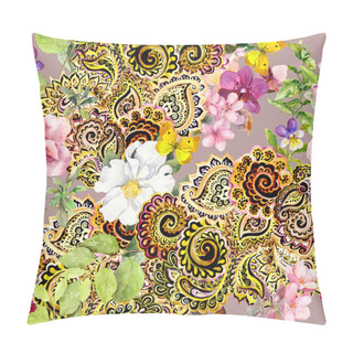 Personality  Flowers, Butterflies And Gorgeous Indian Ornament. Contemporary Floral Background For Fashion. Walatercolor Seamless Pattern Pillow Covers