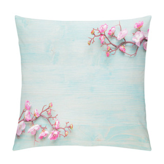 Personality  Abstract Spring Background Of Painted Blue Board With Branch Of Flowering Cherry Branch Covered With Pink Flowers Pillow Covers