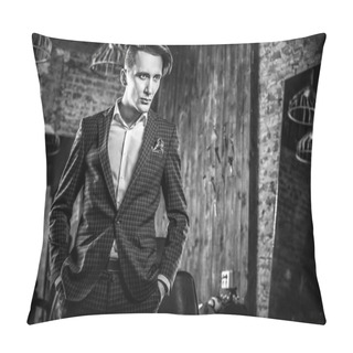 Personality  Elegant Young Man In Barbershop. Black-white Photo. Pillow Covers