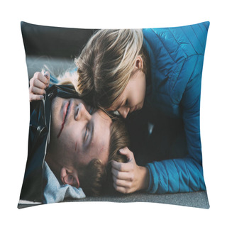Personality  Close-up View Of Young Woman Crying And Hugging Dead Man On Road After Traffic Collision Pillow Covers