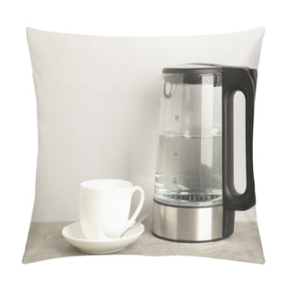 Personality  Glass Electric Kettle With White Cup On Grey Background. Top View. Pillow Covers