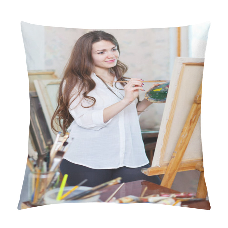 Personality  Long-haired Girl Paints On Easel  Pillow Covers