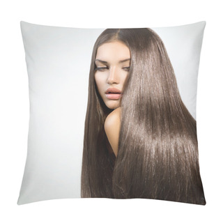 Personality  Long Healthy Straight Hair. Model Brunette Girl Portrait Pillow Covers