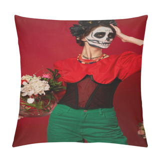Personality  Woman In Skeleton Makeup And Festive Attire Holding Vase With Colorful Flowers On Red, Day Of Dead Pillow Covers