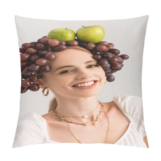 Personality  Portrait Of Rustic Blonde Woman Posing With Grapes And Apples On Head Isolated On White Pillow Covers