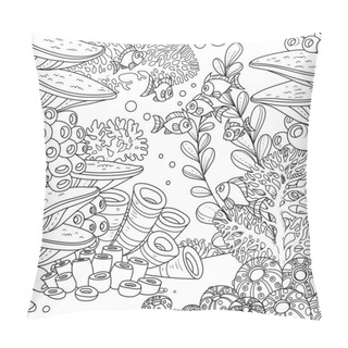 Personality  Underwater World With Corals And Fishes And Anemones Outlined For Coloring Page Isolated On White Background Pillow Covers