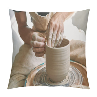 Personality  Cropped Image Of Male Craftsman Working On Potters Wheel At Pottery Studio Pillow Covers