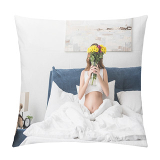Personality  Pregnant Woman Lying In Bed And Holding Vase With Fresh Flowers Pillow Covers