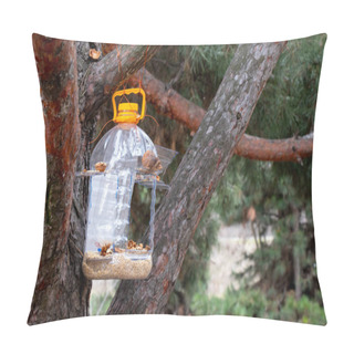 Personality  Homemade Manger Hanging On A Christmas Tree With Grain And Nuts In The Forest During The Day Pillow Covers