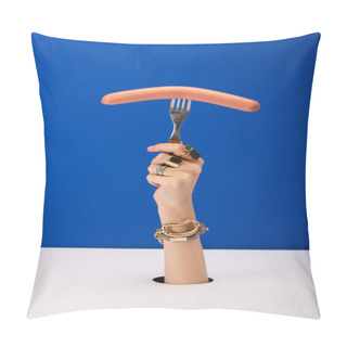 Personality  Cropped View Of Woman With Bracelet And Rings Holding Fork With Sausage Isolated On Blue Pillow Covers
