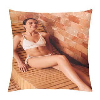 Personality  Smiling Young Woman In White Bikini On Wooden Bench In Spa Center Pillow Covers