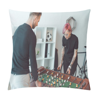 Personality  Young Tattooed Colleagues Playing Foosball In Office Pillow Covers