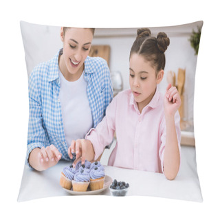Personality  Happy Mother And Daughter Decorating Creamy Cupcakes With Blueberries Pillow Covers