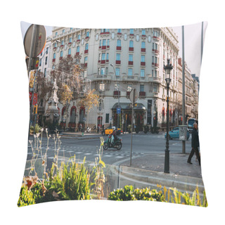 Personality  BARCELONA, SPAIN - DECEMBER 28, 2018: Busy Street With Beautiful House On Crossroad Pillow Covers