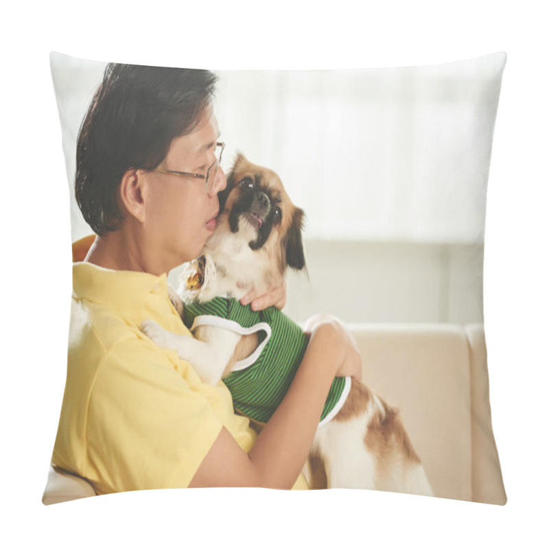 Personality  Middle-aged Asian Man Hugging His Adorable Dog Pillow Covers