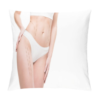 Personality  Cropped Shot Of Woman In Underwear With Correction Marks On Body Isolated On White  Pillow Covers