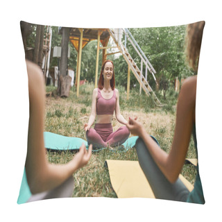 Personality  Joyful Woman With Closed Eyes Meditating In Park Of Retreat Center Near Blurred Girlfriends Pillow Covers