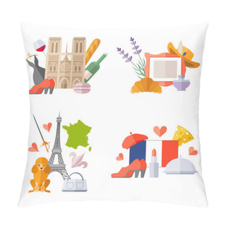 Personality  Set Of Ready-made Composition On The Theme Of Traveling To France. Vector Templates With French Symbols In Flat Style. Pillow Covers