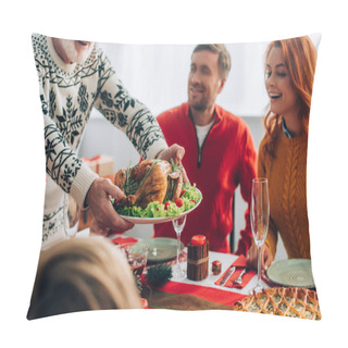 Personality  Selective Focus Of Granddad Serving Turkey On Festive Table Near Family At Home Pillow Covers